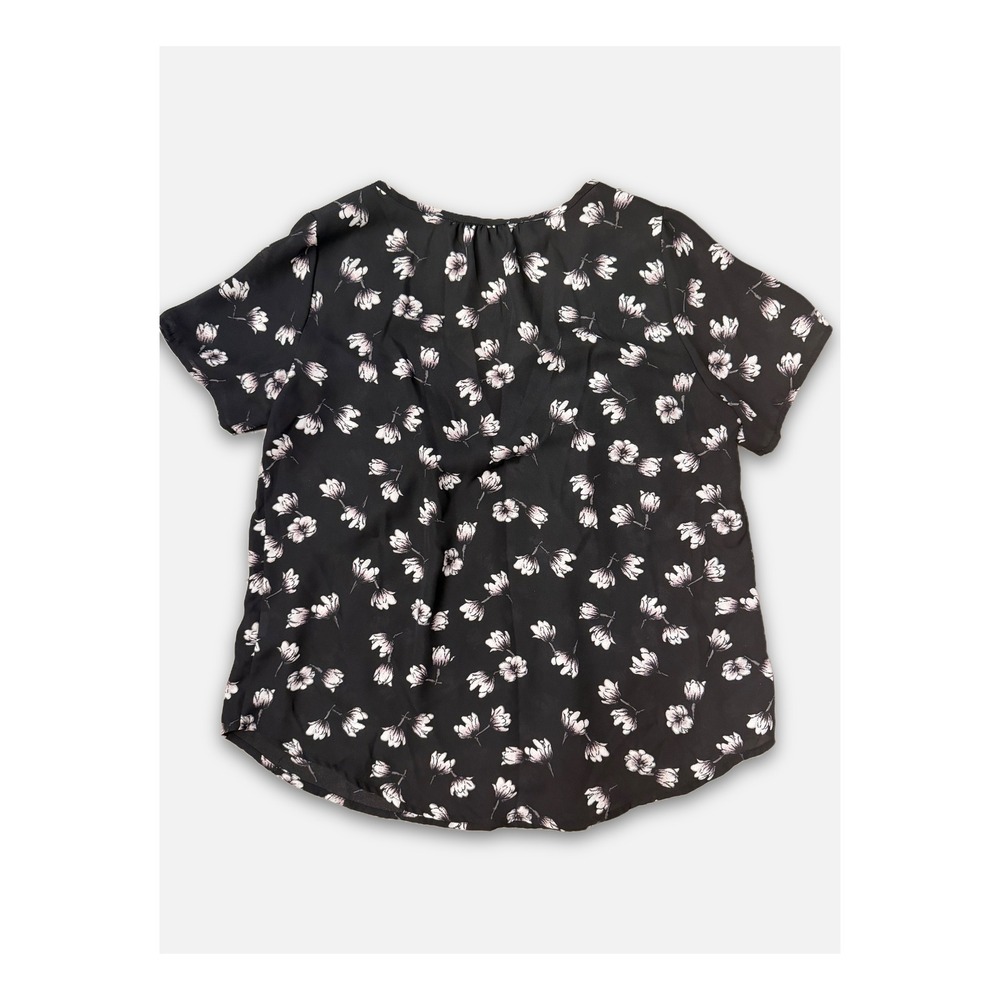Sienna Sky Black Floral V-Neck Lace Trim Short Sleeve Blouse Women's Small Flowy - Picture 1 of 5